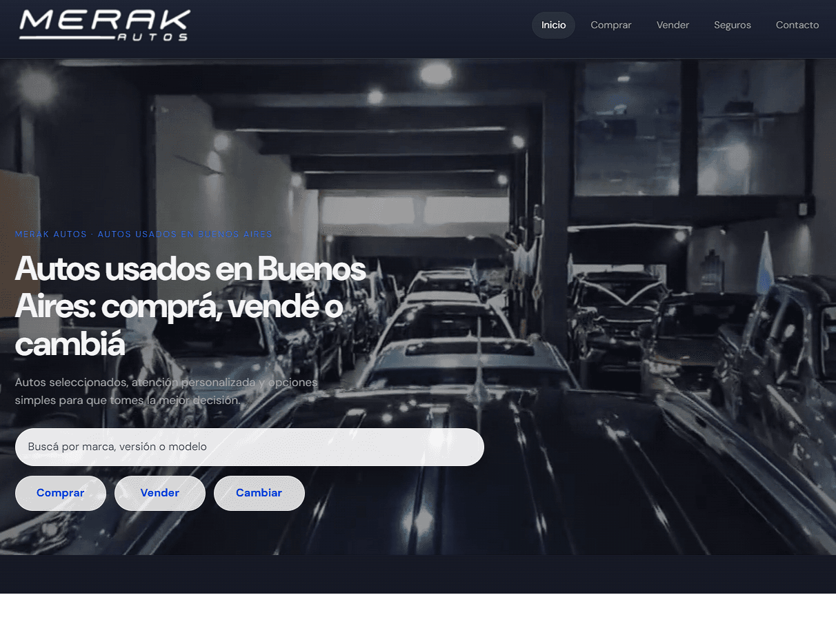 Página de inicio de Merak Autos con buscador de vehículos y accesos a comprar, vender y cambiar