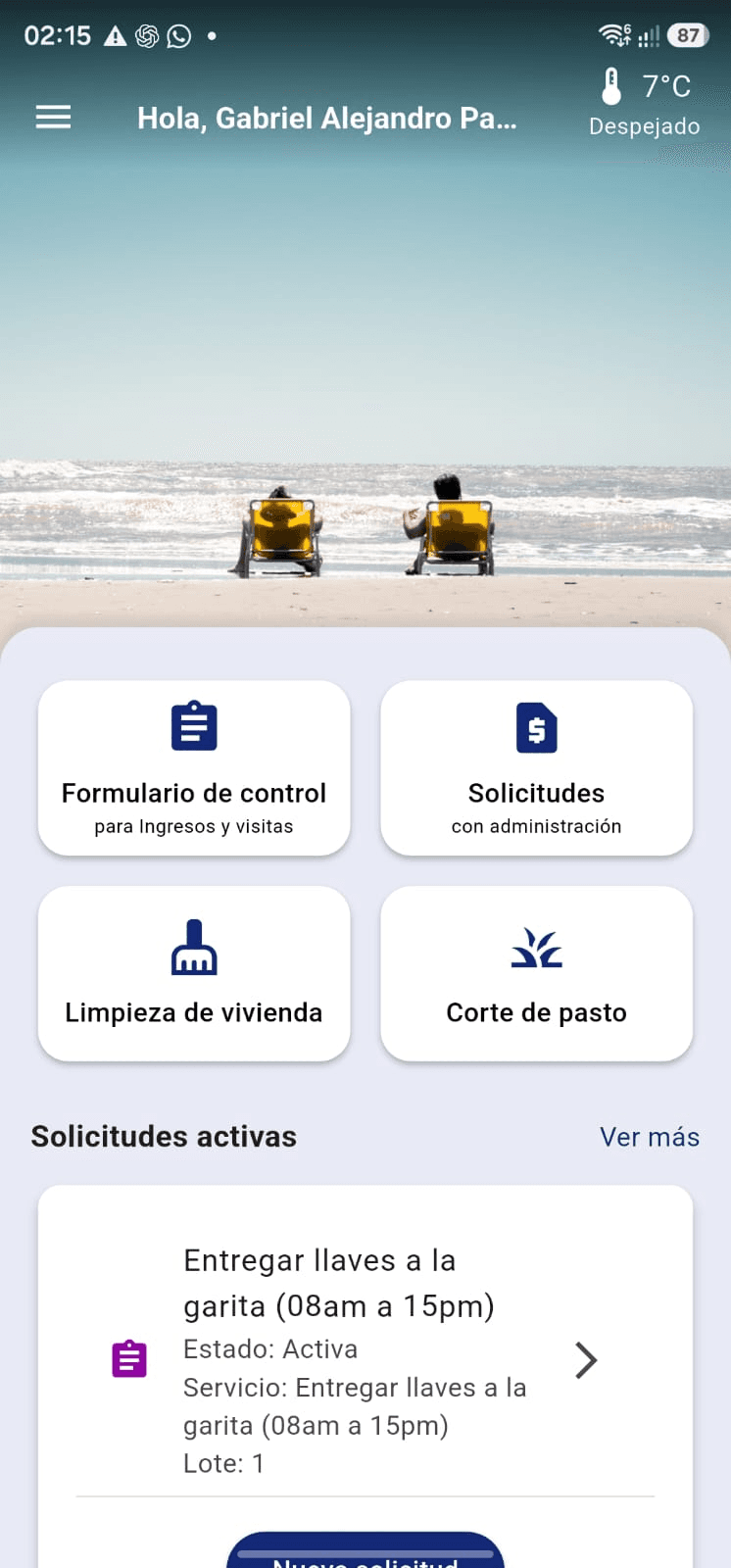 Aplicación móvil de KM314 para propietarios, con solicitudes y servicios del barrio