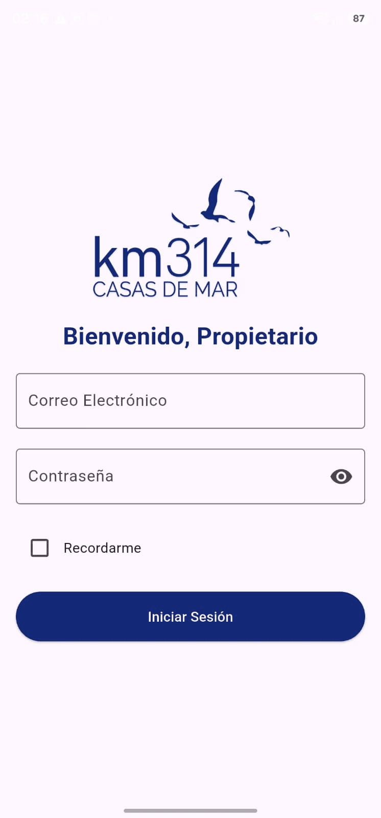 Pantalla de inicio de sesión de la aplicación móvil de KM314 para propietarios